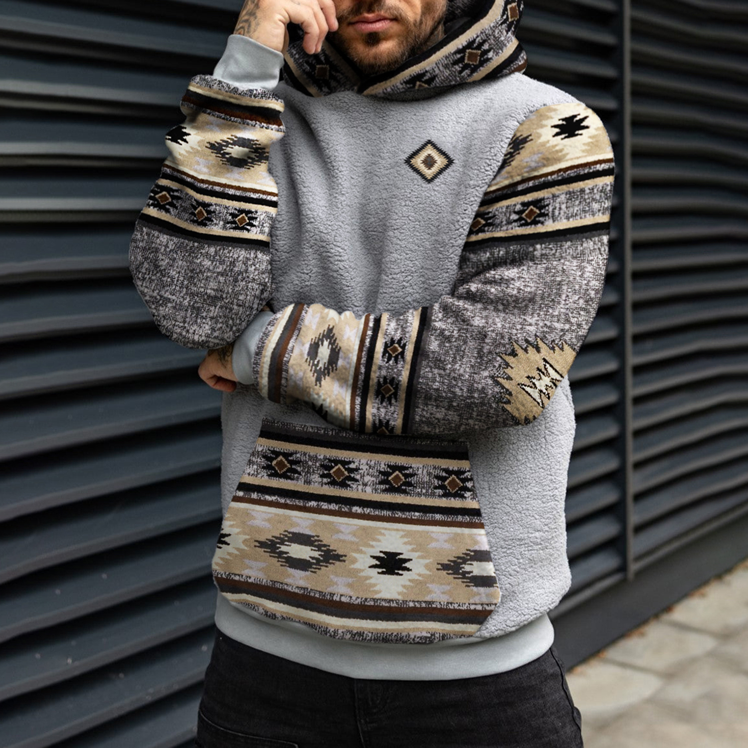 Retro Men's Casual Ethnic Geometric Print Sherpa Hoodie