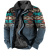 Men's Vintage Ethnic Print Fleece Zip-Up Jacket