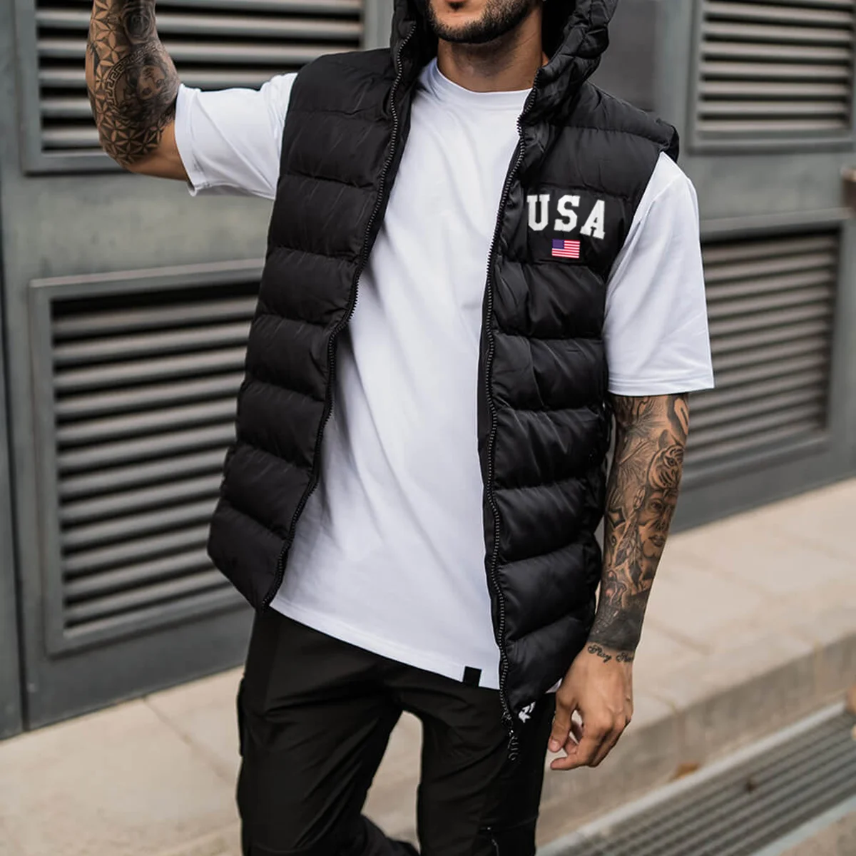 Men's USA Hooded Cotton Clothes Sleeveless Jacket Vest