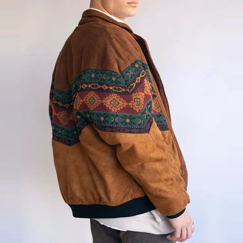 Mens Retro Suede Patchwork Polar Fleece Jacket