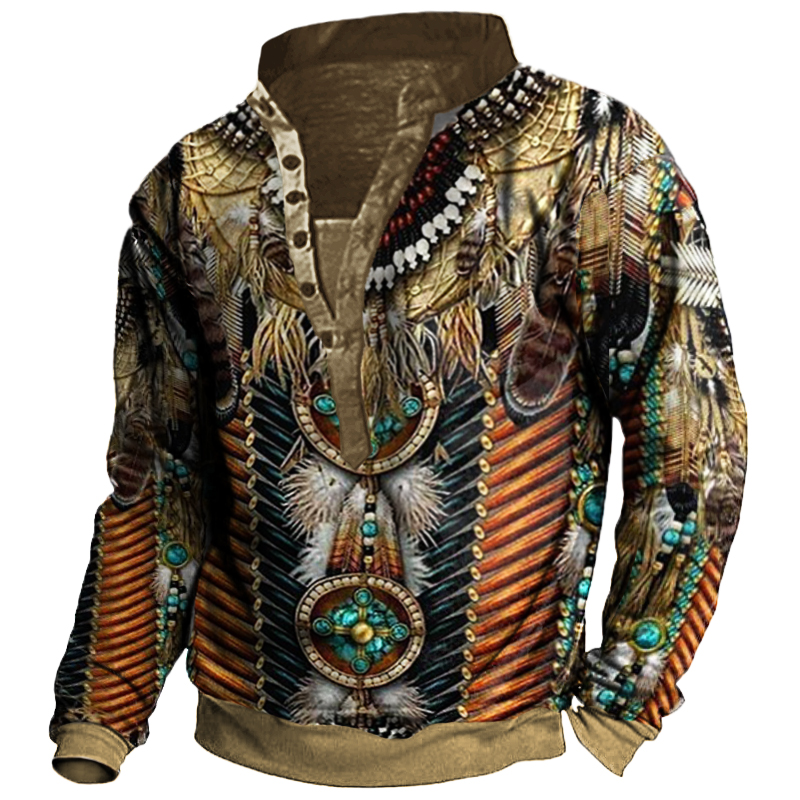 Native American Culture 3D Printed Henley Collar Long Sleeve Sweatshirt